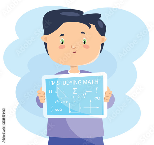 Cute school boy holding a digital tablet with math equations and formulas on the screen, online learning and education concept, flat vector illustration.