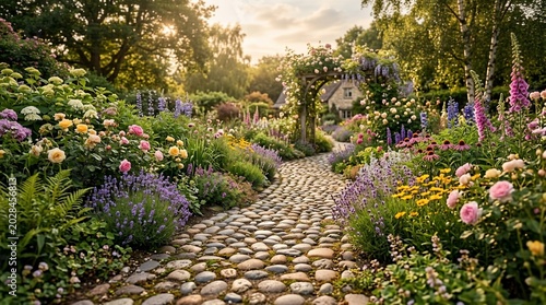 Beautiful garden pathway with vibrant flowers and lush greenery