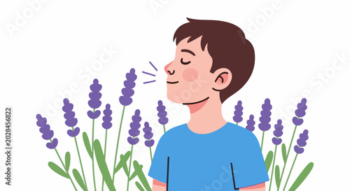 A person with eyes closed inhales the scent of lavender flowers
