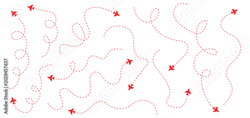 Bild auf Leinwand Airplane Route Icon Set with Dotted Flight Path Lines