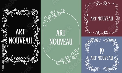 фотографія Sophisticated Art Nouveau floral frames with white swirling line art on colorful backgrounds for an elegant vintage look