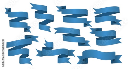 Collection of Blue Ribbon Banners and Decorative Scrolls for Festive Graphic Design and Text Presentation