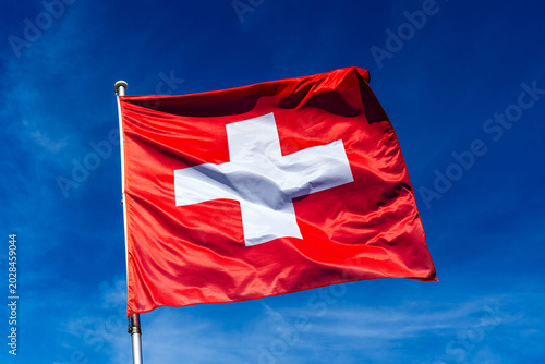 Photography Big Swiss flag flutters beautifully against a blue sky