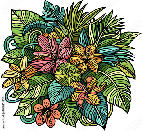 Tropical exotic leaves and flowers illustration
