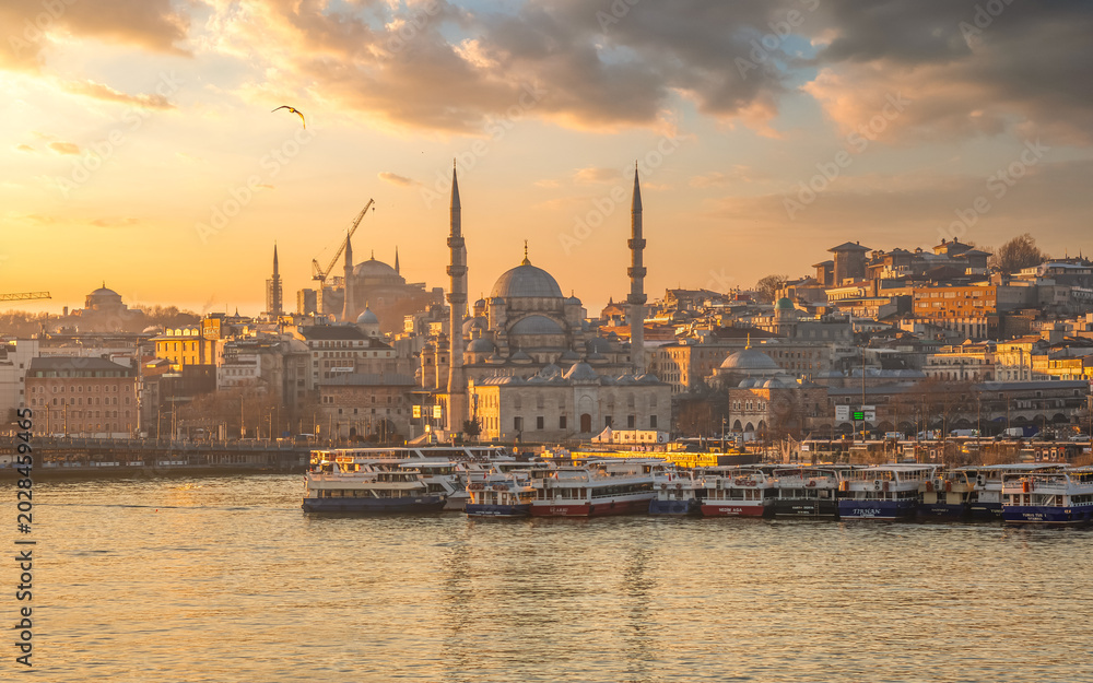 Obraz premium Sunset panorama view with the Bosphorus Great Mosques Harbour and another famous landmarks in the European and Asian parts of Istanbul Turkey