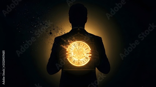 Back view silhouette of a business man holding a glowing vintage table clock bursting into dust
