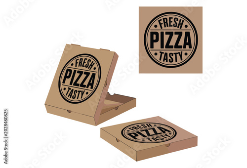 Brown cardboard pizza boxes with black circular stamps featuring the text fresh pizza tasty in a flat style isolated on a white background