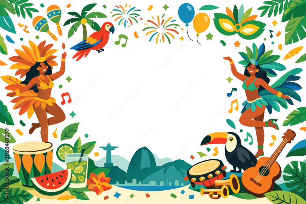 Fototapeta premium Rio Carnival Vector Illustration Background with Samba Dancers, Macaw, Toucan, Musical Instruments, and Rio de Janeiro Landmarks like Christ the Redeemer and Sugarloaf Mountain with Copy Space.
