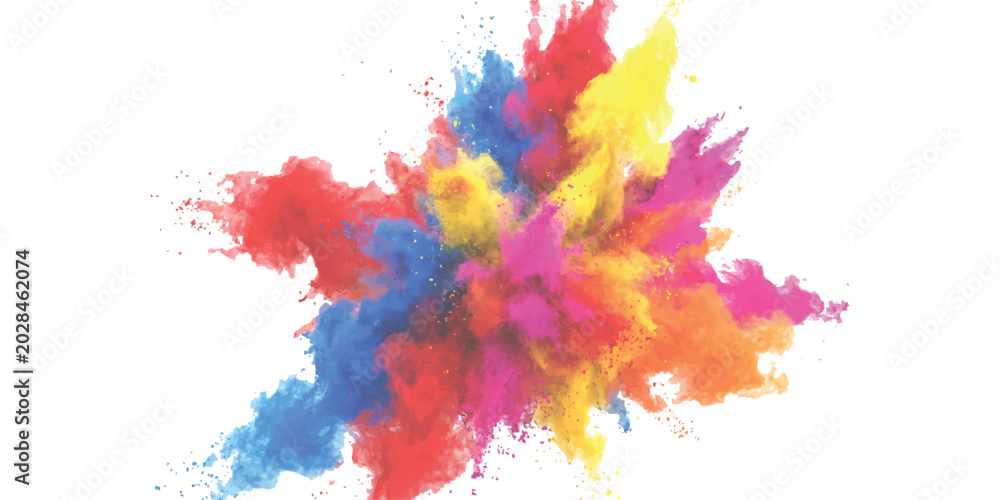Fototapeta premium Bright colorful powder explosion with vibrant red blue yellow and pink paint clouds bursting in the air
