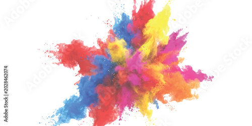 Quadro su tela Bright colorful powder explosion with vibrant red blue yellow and pink paint clo