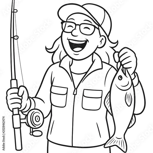 Blank coloring book illustration of a woman wearing glasses, a hat and jacket laughing while carrying a fishing rod.