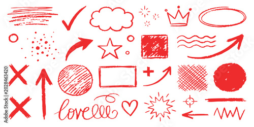 Cuadro en lienzo Set of hand drawn red doodle elements arrows shapes stars hearts and lines for c