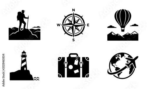 Travel Icons Set: Adventure, Navigation, Hot Air Balloon, Lighthouse, Luggage, Globe & Plane
