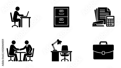 Office Icons Set, Business Workspace Elements, Professional Meeting Graphics, Workstation Symbols