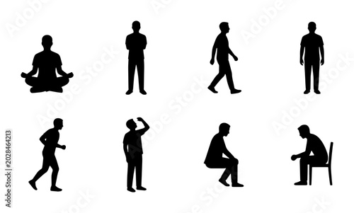 Diverse Human Silhouettes Collection, Male Figures Poses Vector Set, Active and Relaxed Poses