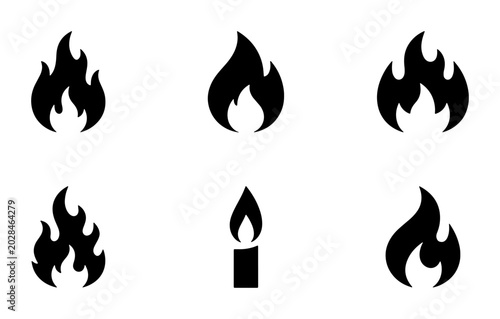 Set of Six Black Flame Icons, Fire Symbol Vector Graphics, Hot Energy Element Collection