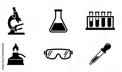 Science Lab Equipment Icons, Microscope, Beaker, Test Tubes, Burner, Goggles, Dropper