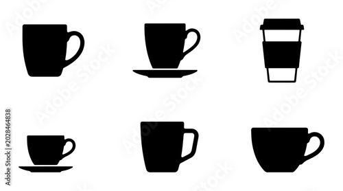 Coffee Cup Icons Set, Black Silhouette Drinkware Vector Collection, Espresso Mug and Takeaway Cup Graphics