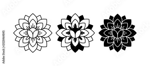 Geometric Floral Mandala Icons, Black and White Vector Art Set, Decorative Ornament Graphics
