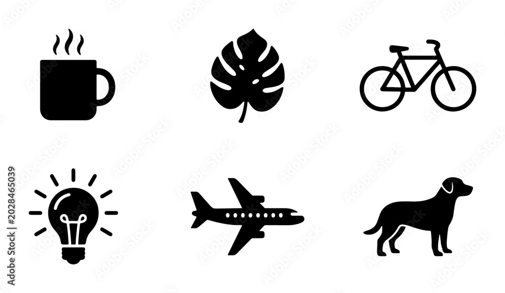 Fototapeta premium Black Silhouette Icons: Coffee Cup, Leaf, Bicycle, Lightbulb, Airplane, Dog, Vector Set