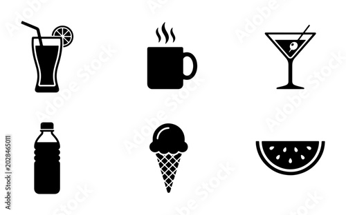 Beverage and Food Icons Set: Refreshing Drinks, Hot Coffee, Cocktail, Water Bottle, Ice Cream, Watermelon Slice