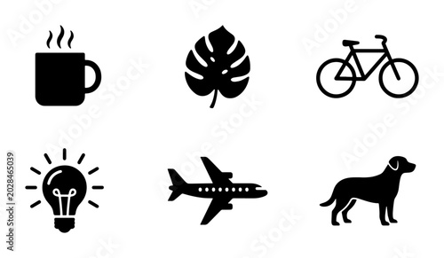 Black Silhouette Icons: Coffee Cup, Leaf, Bicycle, Lightbulb, Airplane, Dog, Vector Set