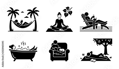 Relaxation Icons Set: Leisure, Wellness, and Calm Lifestyle Activities, Vector Graphics