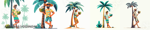 Cuadro en lienzo vector of a man standing leaning against a coconut tree on the beach drinking a