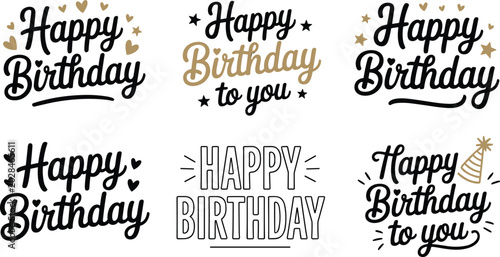 Canvas Print Beautiful set of happy birthday lettering with gold accents celebrating a festive mood on a bright white background