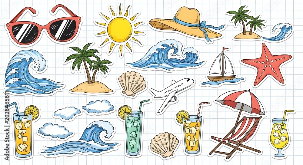 Fototapeta premium Summer vacation sticker set with beach accessories travel icons and cold drinks on grid