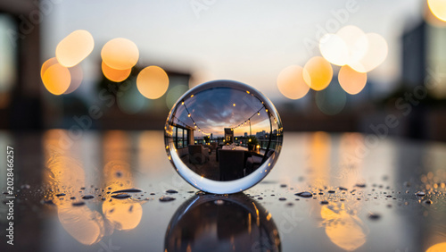 Warm twilight glow captured in a reflective glass bubble on a wet surface