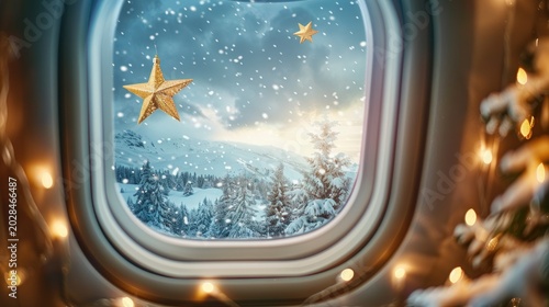 Airplane window snowy landscape