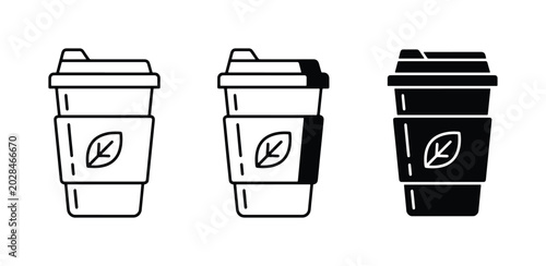 Eco-Friendly Coffee Cup Icons: To Go Drinkware, Takeaway Beverage Containers, Sustainable Cafe Assets