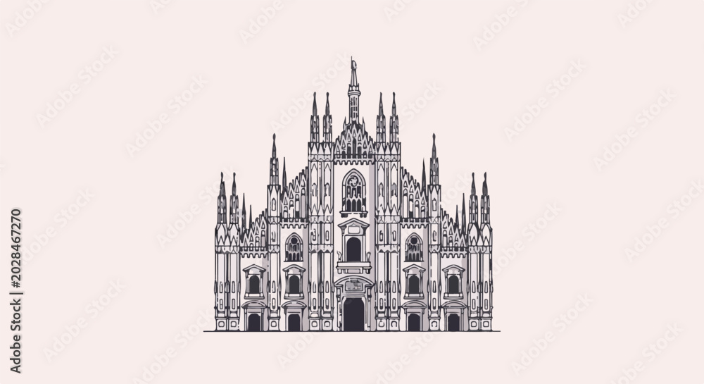 Fototapeta premium Ornate Gothic cathedral facade illustration with intricate spires and arches against a light background