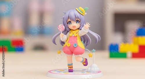 Cute Anime Style Chibi Girl Figurine Holding a Lollipop with Colorful Playful Outfit and Decorative Elements