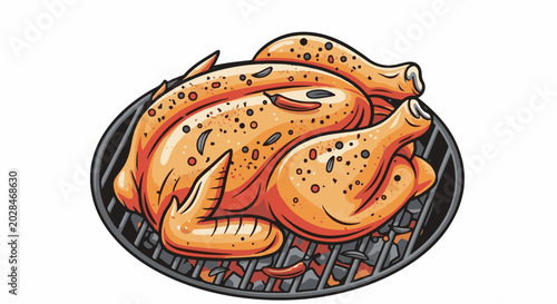 Perfectly grilled chicken with spices and chili peppers on a black grill