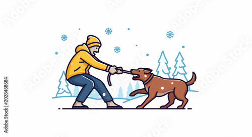 Person in yellow jacket playing tug-of-war with dog in snowy forest