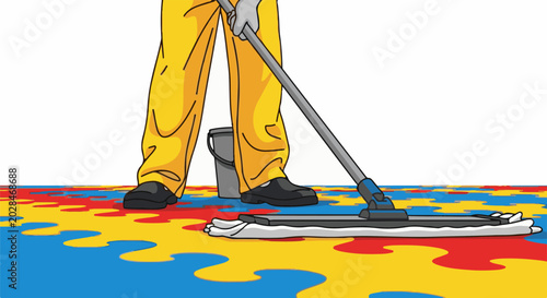 Person in yellow overalls cleans a colorful puzzle-patterned floor with a mop
