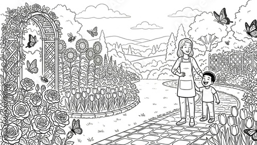 Mother and Son Walking in a Beautiful Garden Coloring Page (เดินเล่นชมสวน: กิจกรรมครอบครัวในวันอากาศดี)