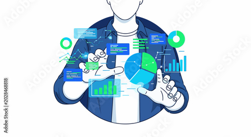 Person interacting with digital data visualizations, charts, and graphs