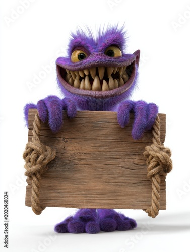 Purple furry monster character holding wooden sign, 3d