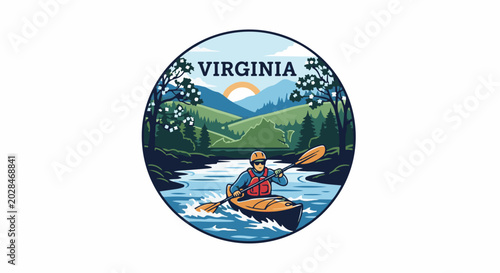 Person kayaking down a river surrounded by a lush green forest and mountains