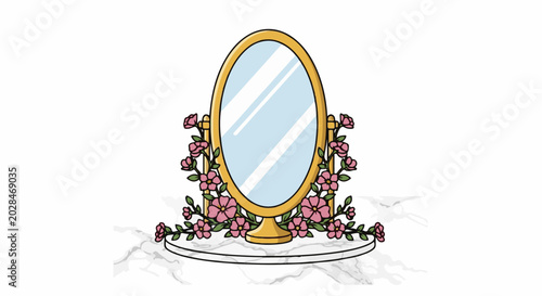Oval vanity mirror framed by pink flowers and greenery, set on a marble base