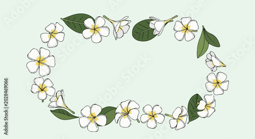 Oval wreath of white and yellow flowers with green leaves on a light blue background