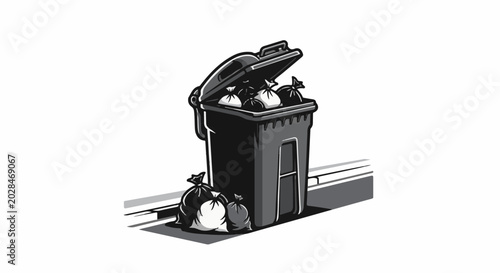 Overflowing trash bin with bags on a street