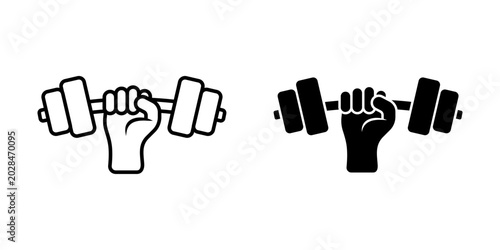 Gym icon set. Illustration of hands gripping dumbbells in black and white. vector icon on white background