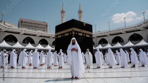 Spiritual Hajj background photo featuring the holy atmosphere of pilgrimage in Mecca with elegant Islamic architecture, glowing lights, and a peaceful religious ambiance. The image represents devotion