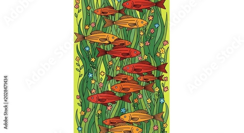 A vibrant school of small fish swim among lush green aquatic plants and small pink flowers in a vertical composition