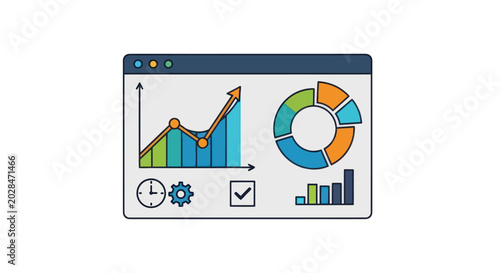Business analytics dashboard with charts, graphs, and data visualization on a computer screen.