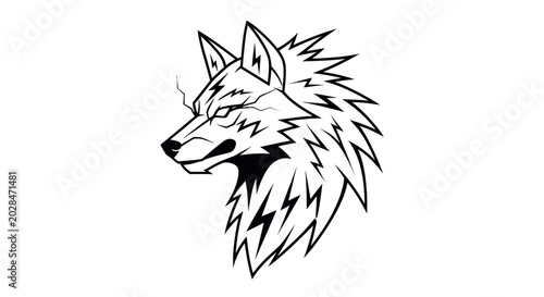 Aggressive Wolf Head Line Art Illustration, Fierce Canine Profile, Tribal Tattoo Style